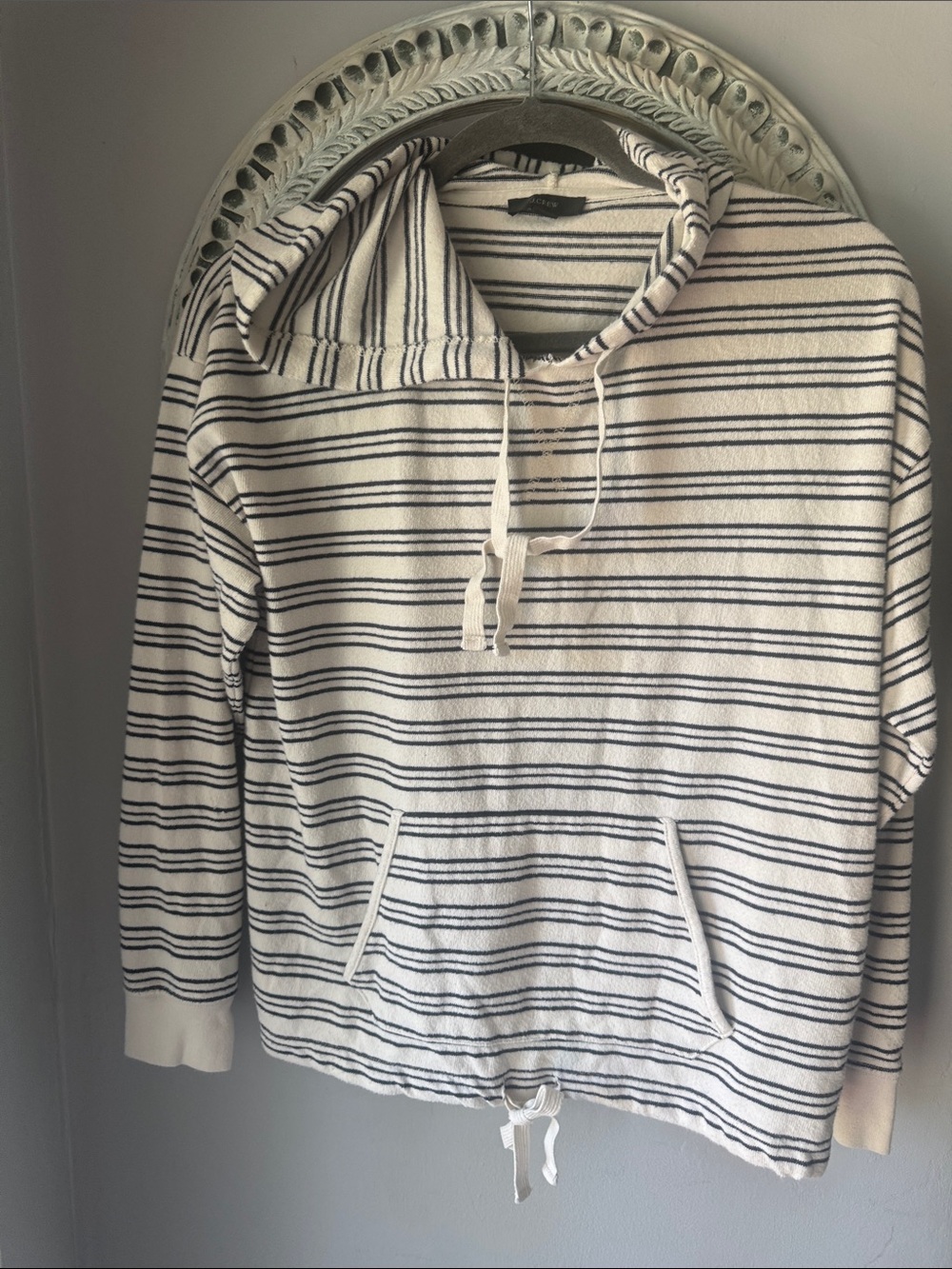 J. Crew Cream and Black Striped Crewneck Drawstring Hoodie Sweater